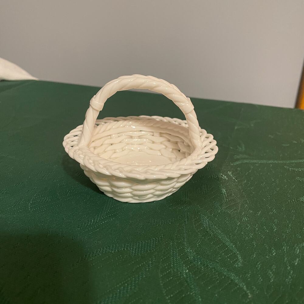 Delicate Lacy Shiny White Ceramics Basket Weave Easter Picnic Woven Handmade